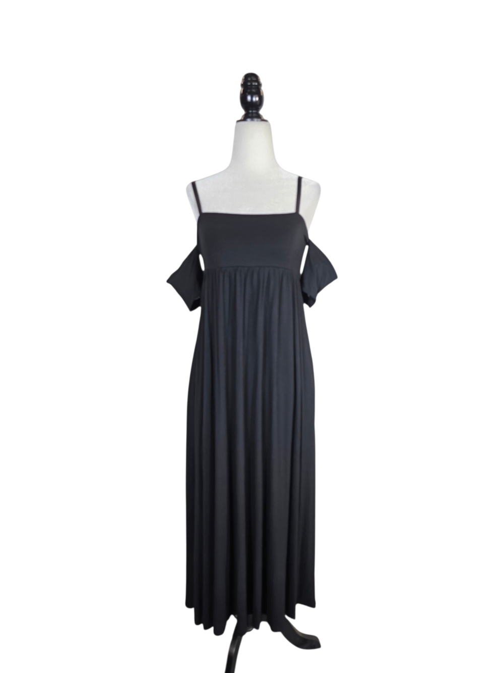 Wilfred Black Cold-Shoulder Midi Dress with Spaghetti Straps